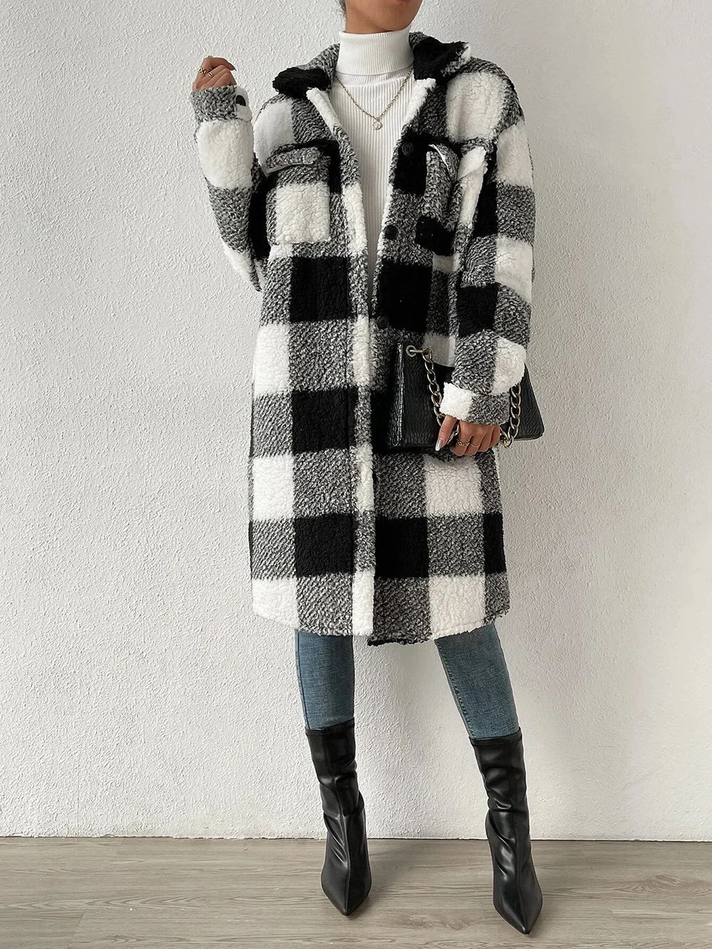 Women Plaid Shawl Collar Flannel Jacket Long Sleeve Casual Printing Winter Daily Coat Outerwear