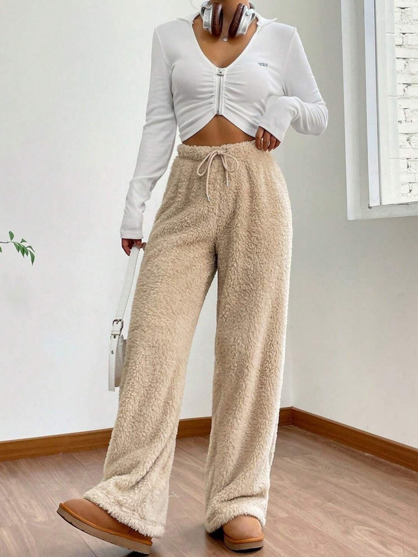 Women Plain Casual Split Joint Pant Daily Spring/Fall Wide Leg Pants
