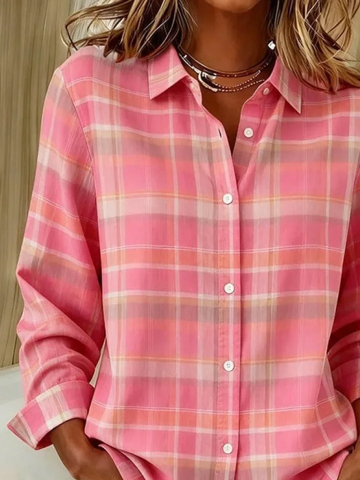 Women Plaid Shirt Collar Long Sleeve Casual Daily Spring/Fall Shirt