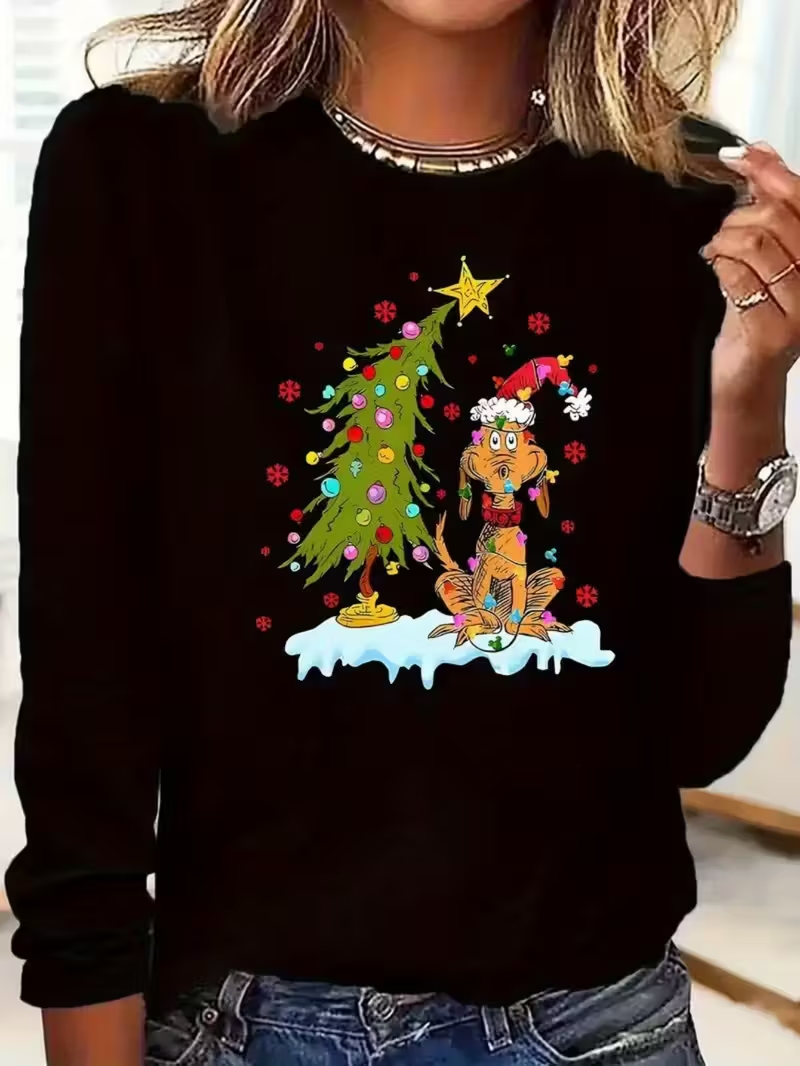Women Christmas Crew Neck Jersey Long Sleeve Casual Daily Spring/Fall T-shirt
