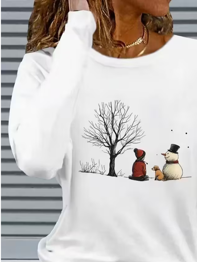 Women Christmas Snowman Crew Neck Jersey Long Sleeve Casual Daily Spring/Fall T-shirt
