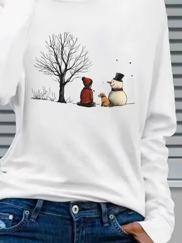 Women Christmas Snowman Crew Neck Jersey Long Sleeve Casual Daily Spring/Fall T-shirt