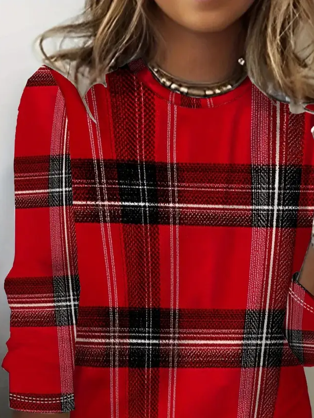 Women Plaid Crew Neck Jersey Long Sleeve Casual Daily Spring/Fall T-shirt