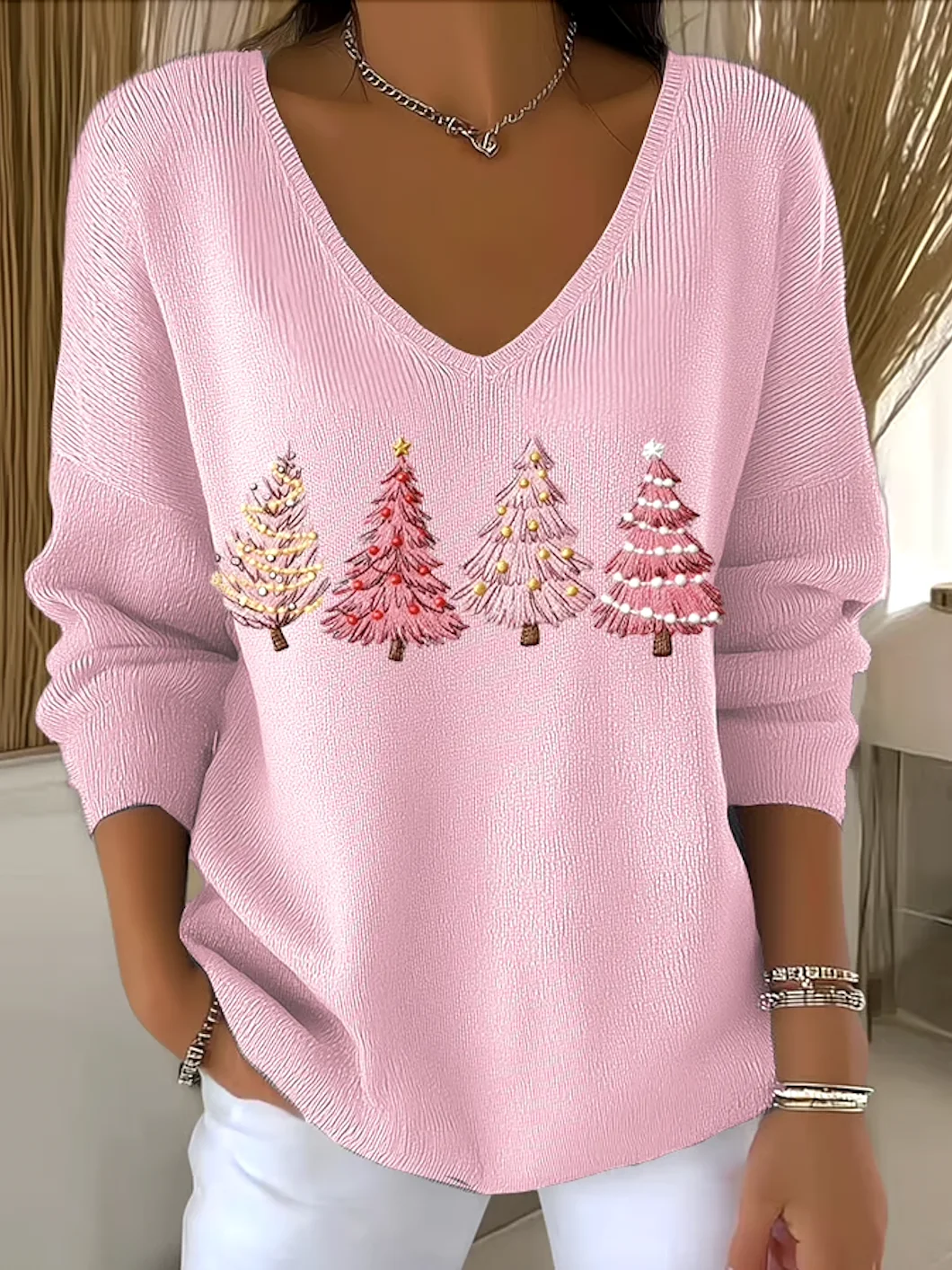 Women Plants V Neck Cotton Long Sleeve Casual Daily Spring/Fall Sweater