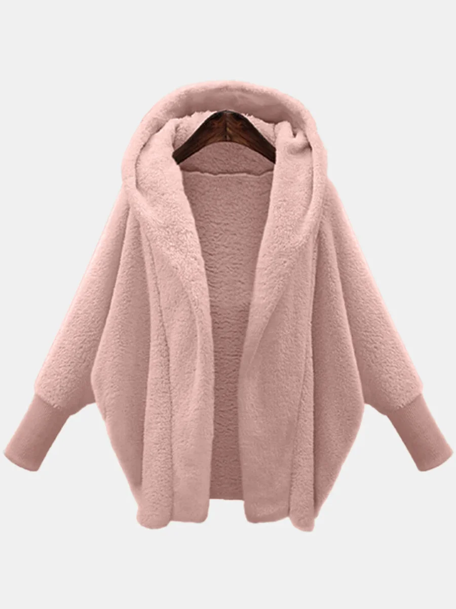 Women Plain Lapel Collar Zip Up Hoodie Long Sleeve Casual Split Joint Winter Daily Coat Outerwear