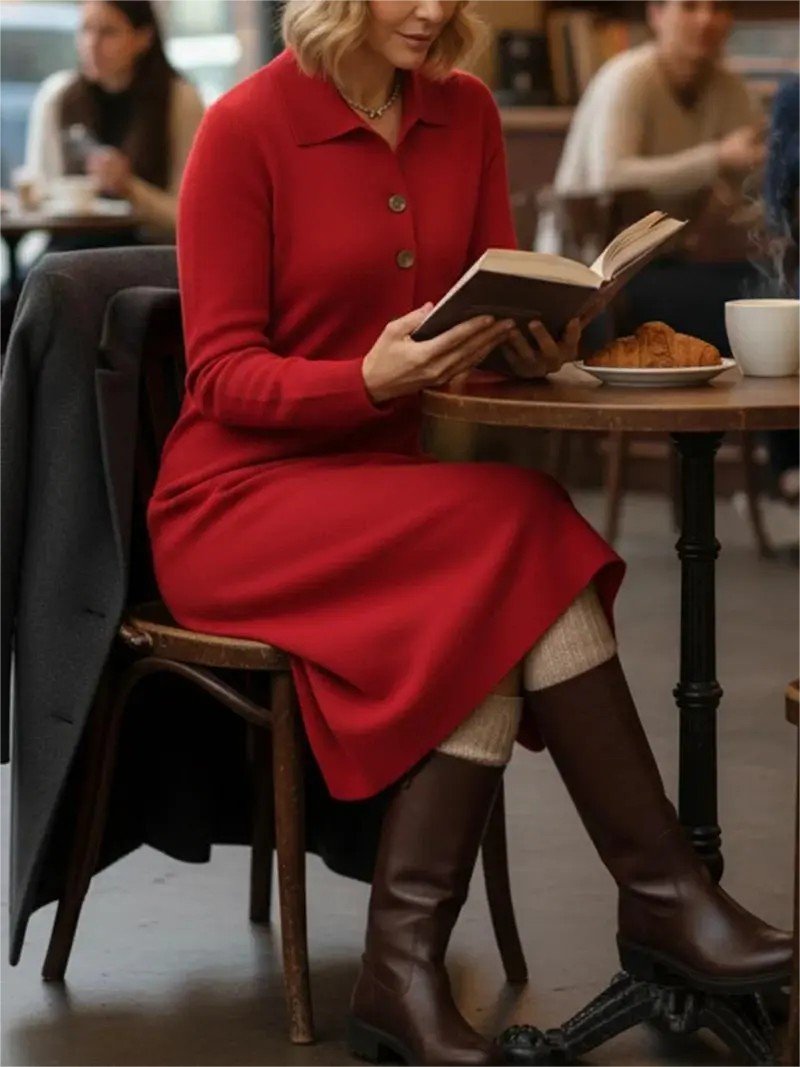 Women Plain Shawl Collar Casual Autumn Daily Maxi H-Line Sweater Dress