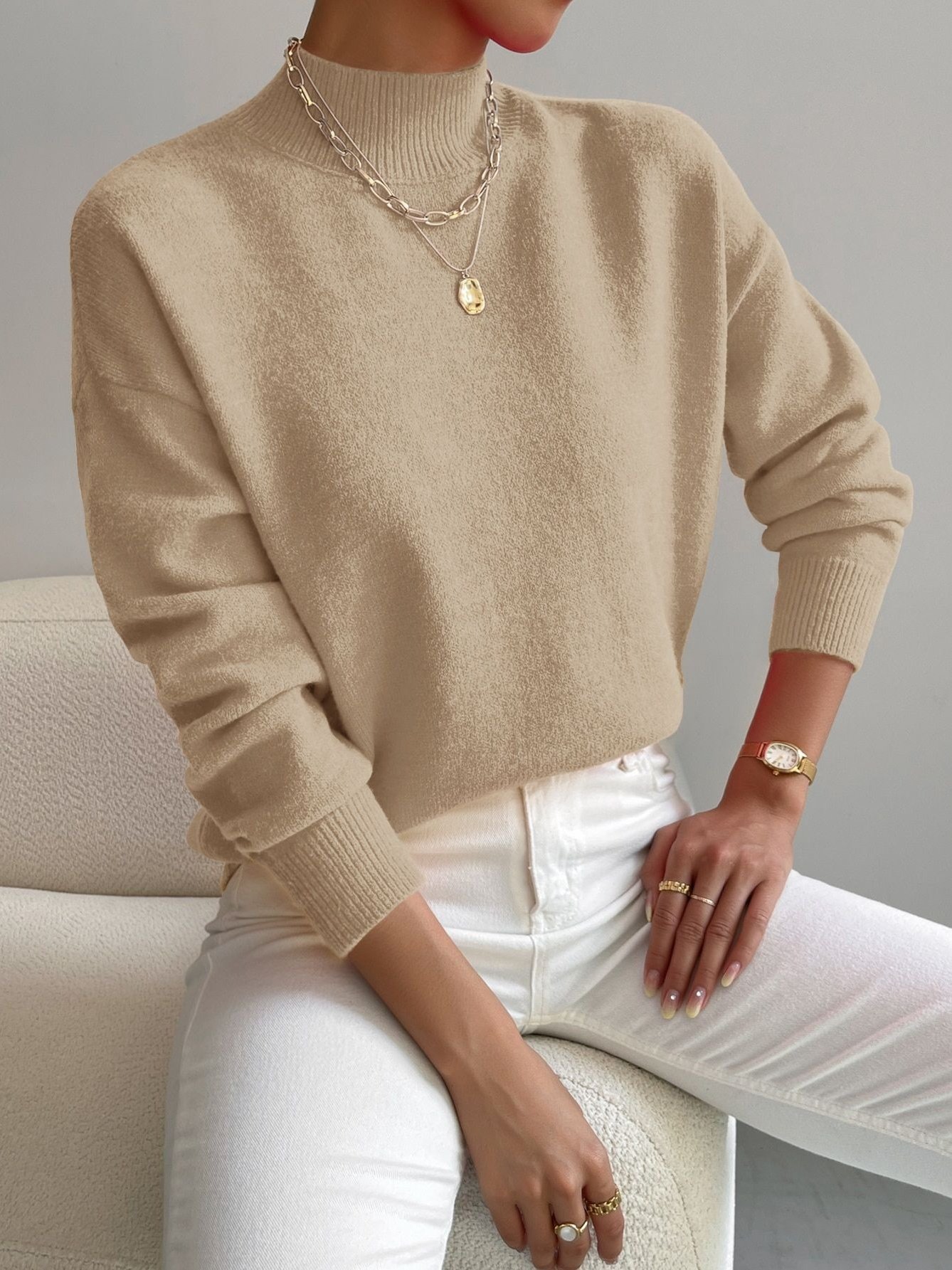 Women Plain Mock Neck Long Sleeve Street Daily Winter Sweater
