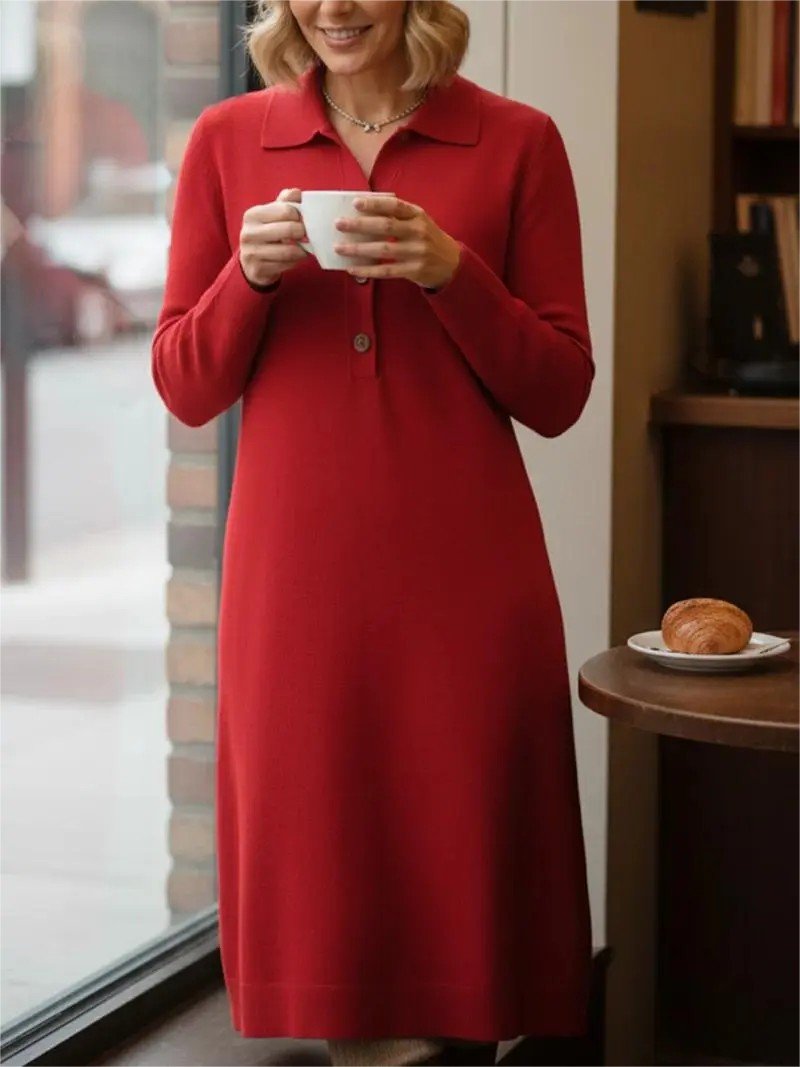 Women Plain Shawl Collar Casual Autumn Daily Maxi H-Line Sweater Dress