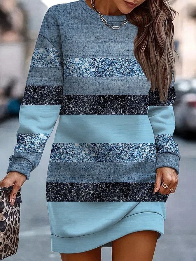 Women Striped Crew Neck Printing Hip Skirt Vintage Spring/Fall Daily Mini A-Line Dress