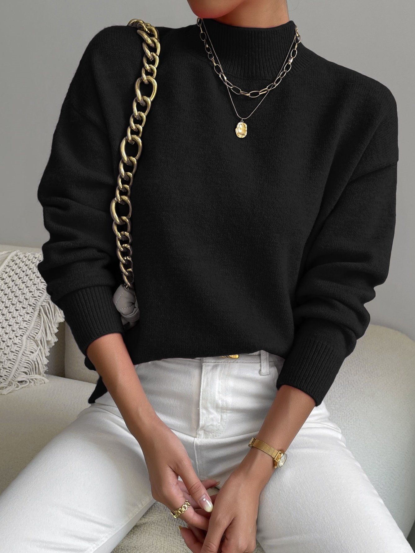 Women Plain Mock Neck Long Sleeve Street Daily Winter Sweater