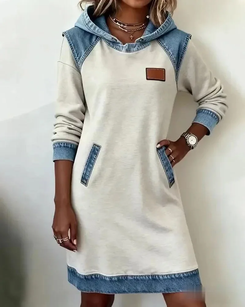 Women Multicolor Block Hoodie Casual All Season Daily Midi H-Line Sweashirt Dress