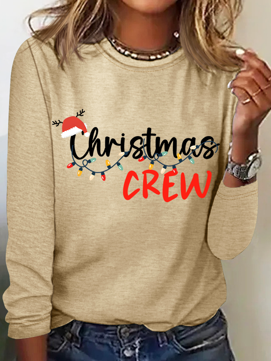 Women Christmas Crew Neck Cotton Long Sleeve Casual Daily Spring/Fall T-shirt
