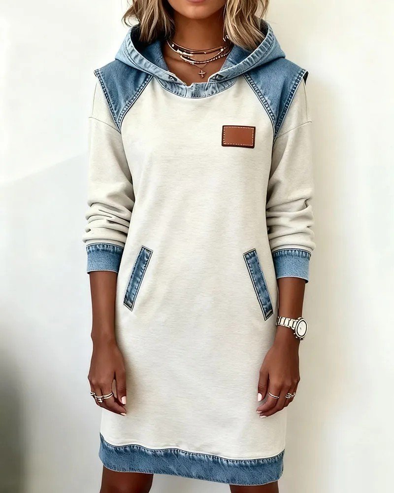 Women Multicolor Block Hoodie Casual All Season Daily Midi H-Line Sweashirt Dress