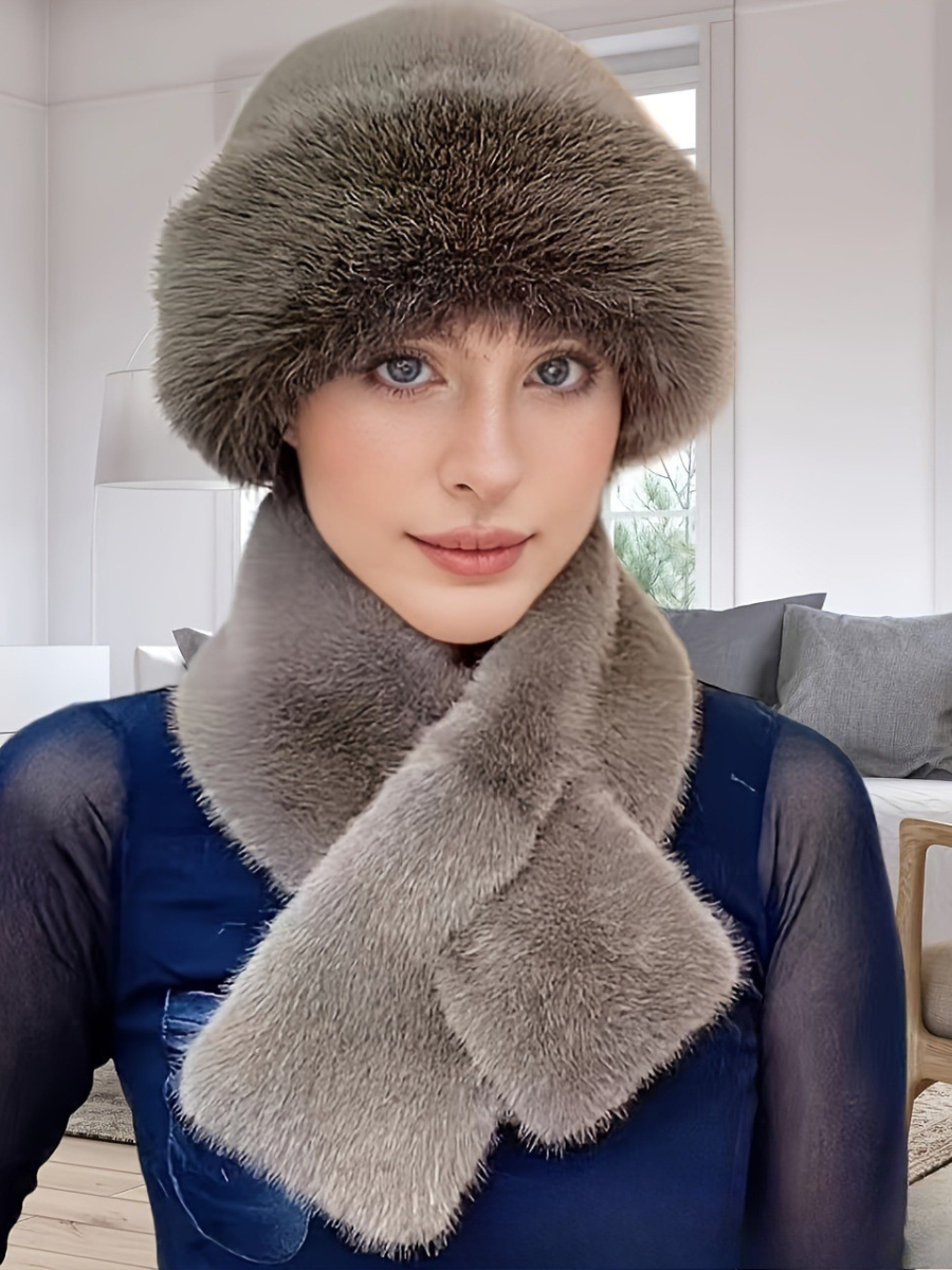 Winter Mongolian Hat, Plush Hat And Scarf For Women Thickened Warm Stylish Ear-covering Hat Faux Mink Fur 2-piece Set
