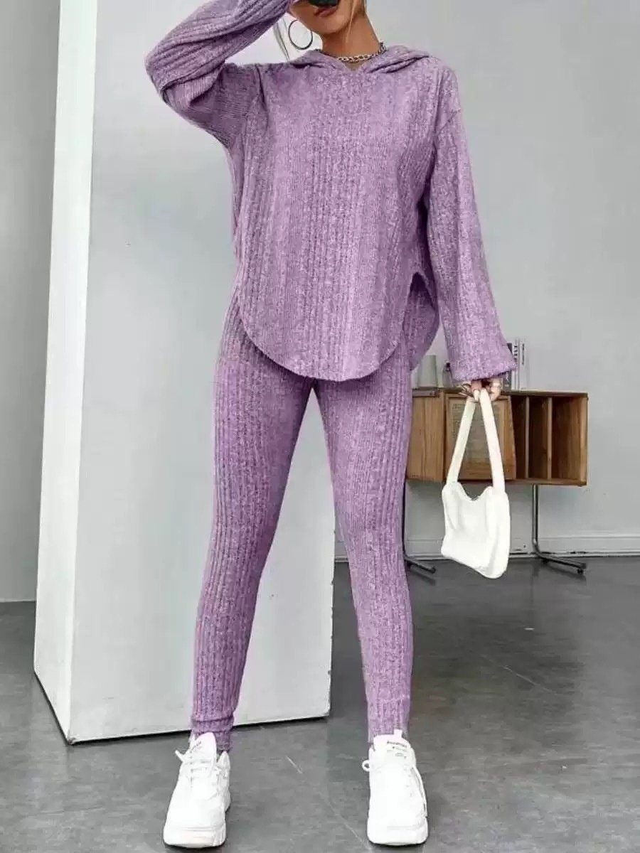 Women Plain Long Sleeve Top With Pants Casual Embossed Spring/Fall Hoodie Two-Piece Set