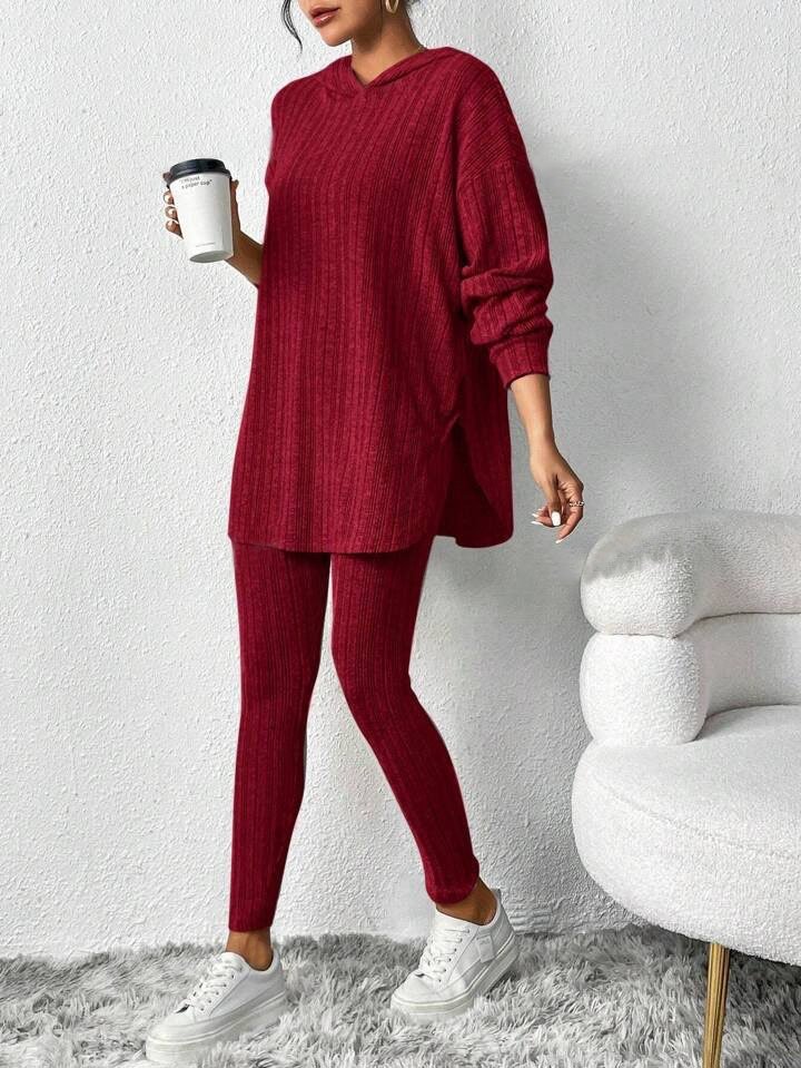 Women Plain Long Sleeve Top With Pants Casual Embossed Spring/Fall Hoodie Two-Piece Set