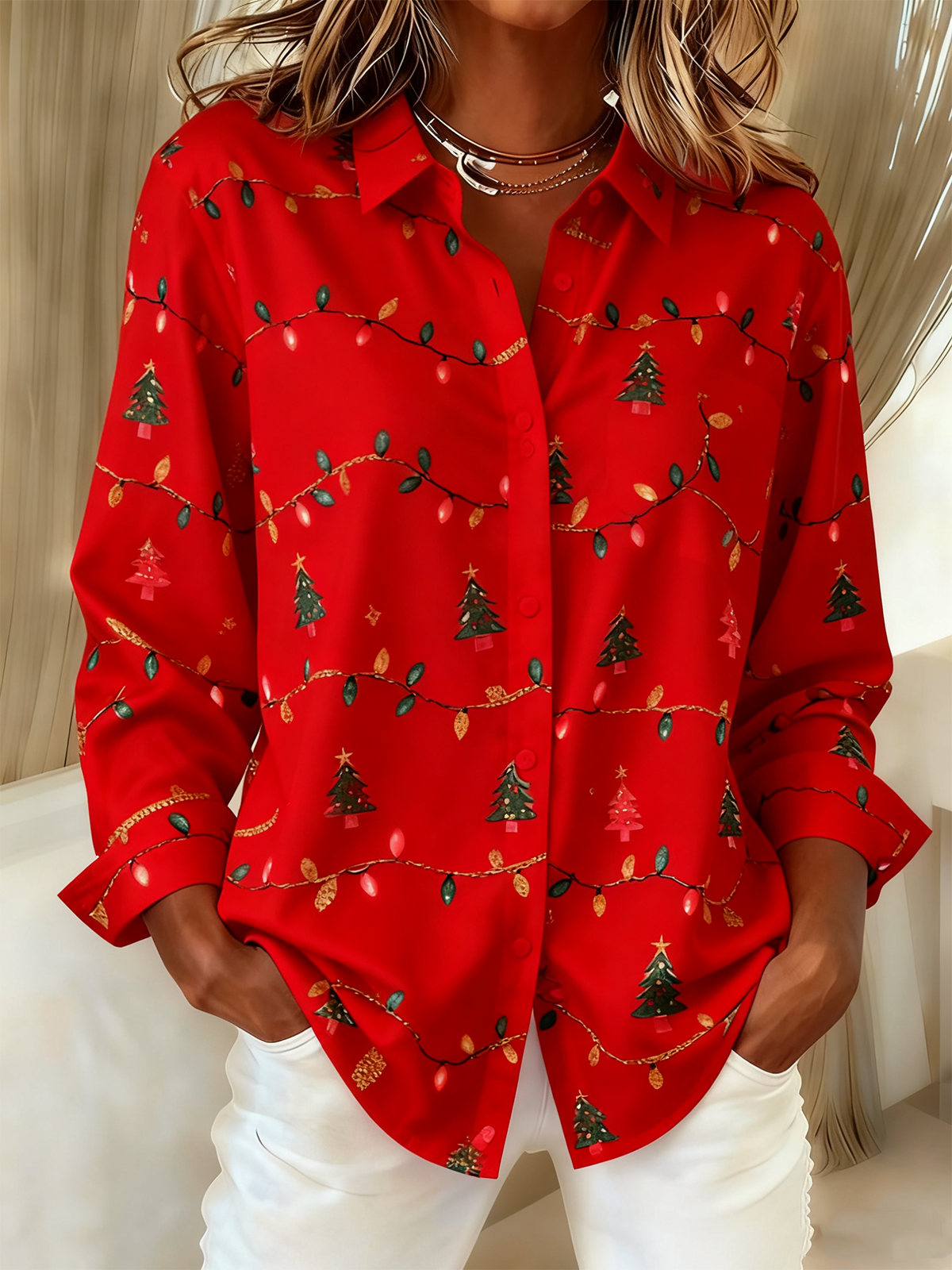 Women Christmas Shawl Collar Long Sleeve Vintage Holiday Spring/Fall Shirt