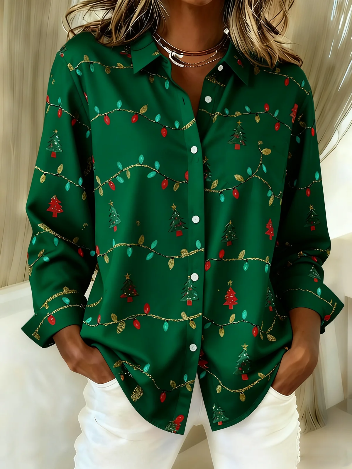 Women Christmas Shawl Collar Long Sleeve Vintage Holiday Spring/Fall Shirt