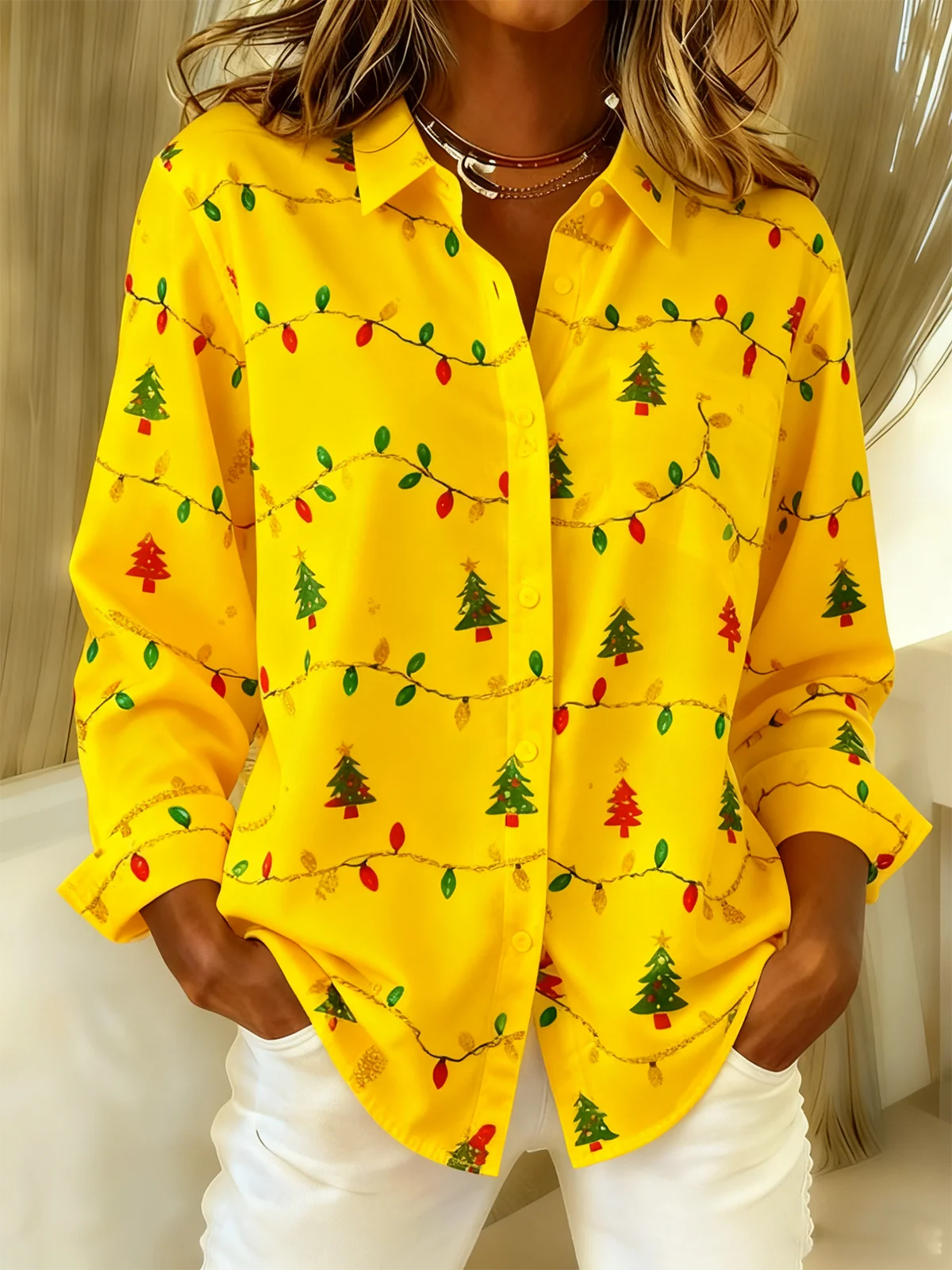 Women Christmas Shawl Collar Long Sleeve Vintage Holiday Spring/Fall Shirt