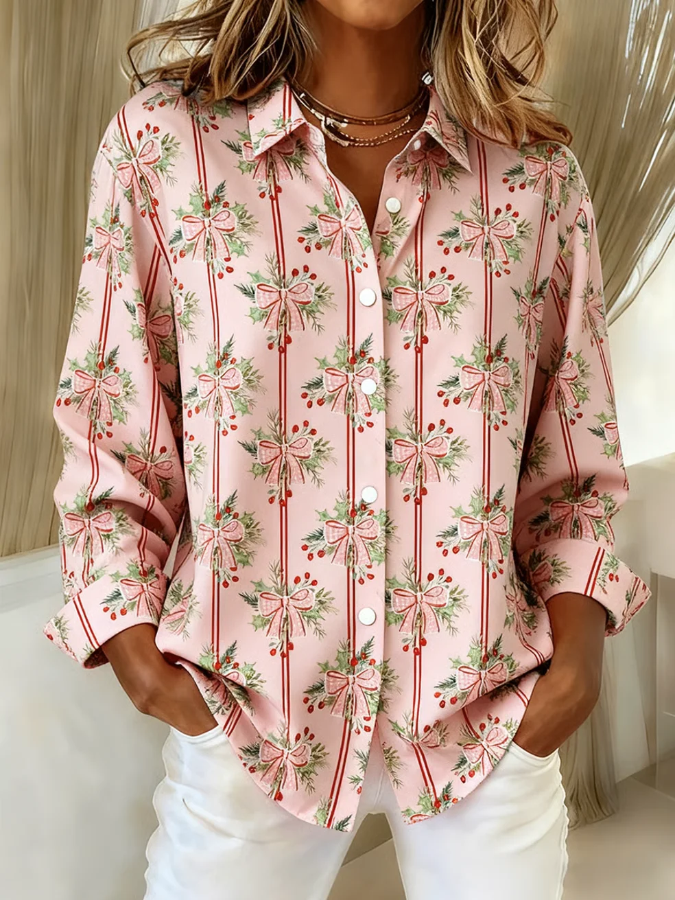 Women Christmas Shawl Collar Long Sleeve Vintage Holiday Spring/Fall Shirt