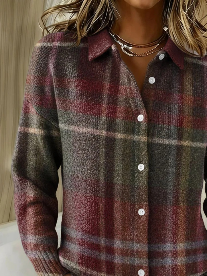 Women Plaid Shawl Collar Long Sleeve Vintage Daily Spring/Fall Cardigan
