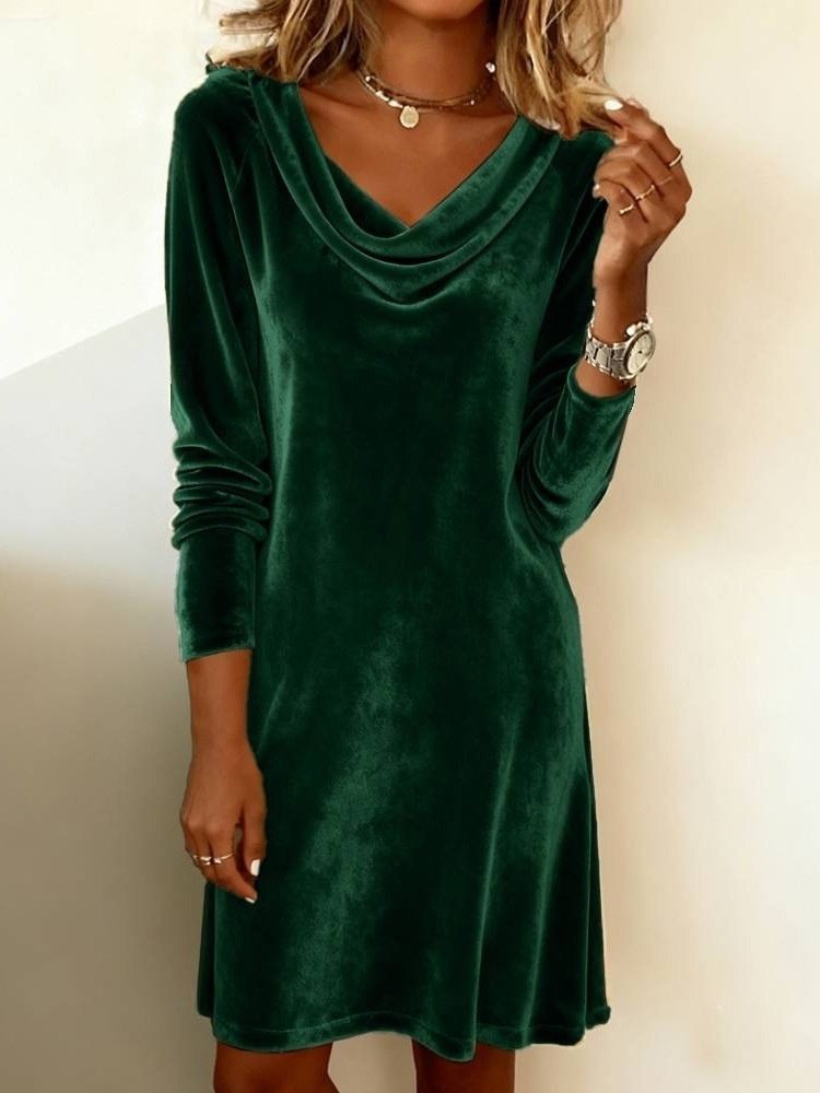 Women Plain Velvet Hoodie Split Joint Fit & Flare Dress Vintage Spring/Fall Daily Mini A-Line Dress