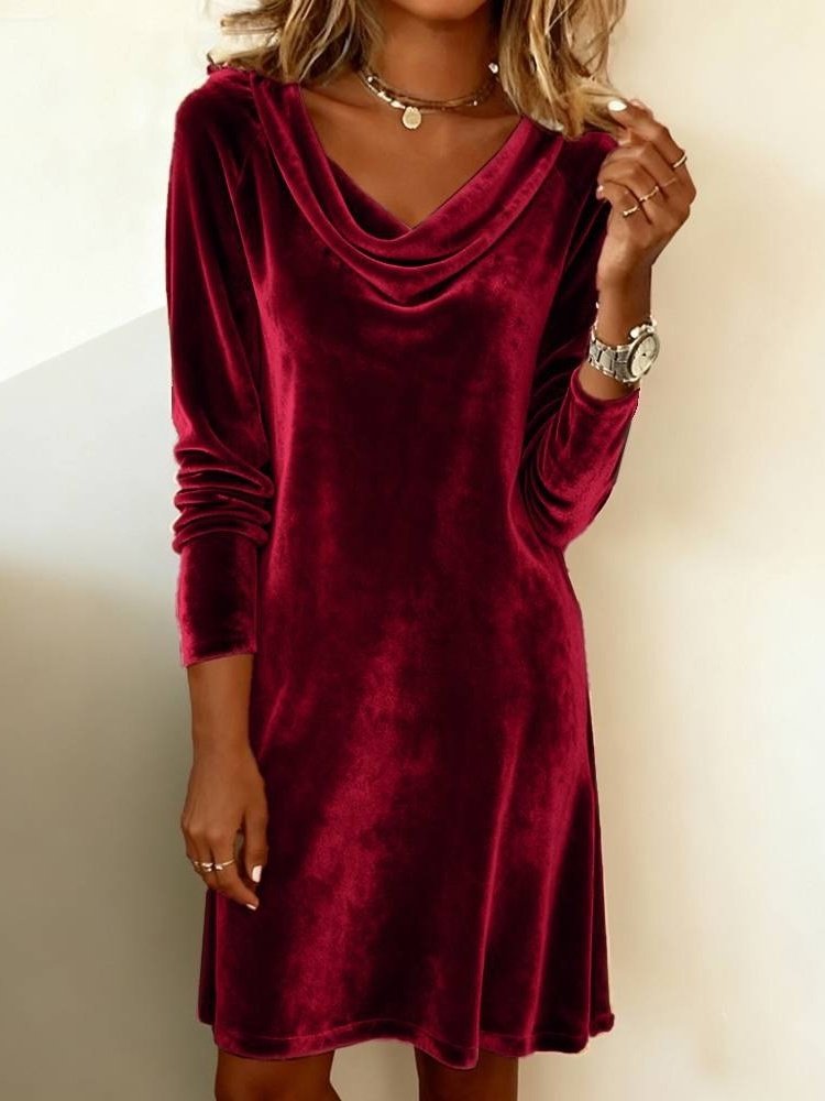Women Plain Velvet Hoodie Split Joint Fit & Flare Dress Vintage Spring/Fall Daily Mini A-Line Dress