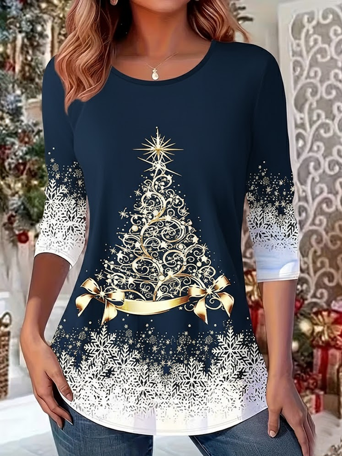 Women Christmas Crew Neck Jersey Long Sleeve Casual Daily Spring/Fall T-shirt