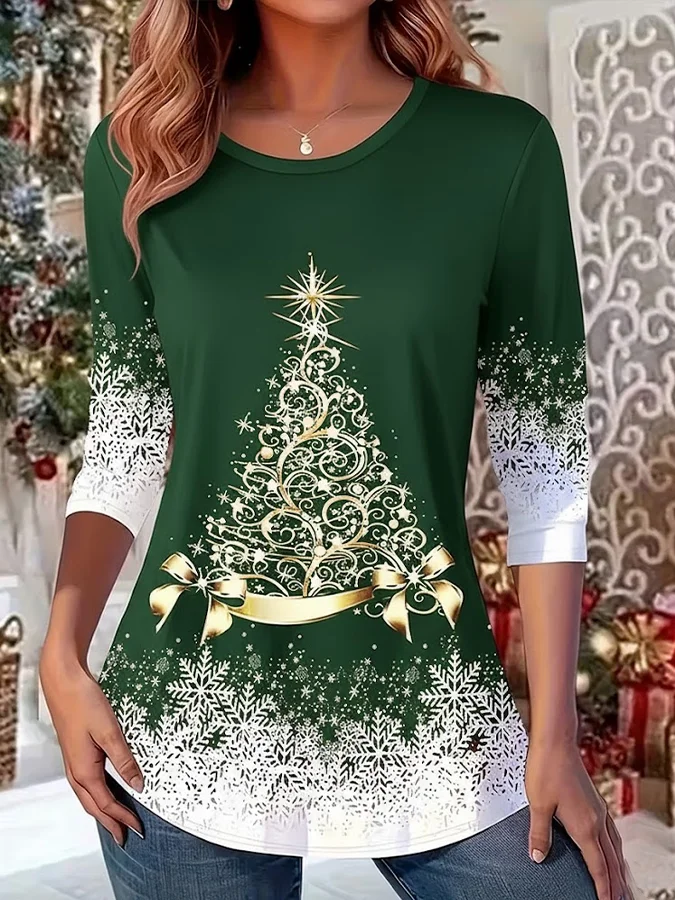 Women Christmas Crew Neck Jersey Long Sleeve Casual Daily Spring/Fall T-shirt