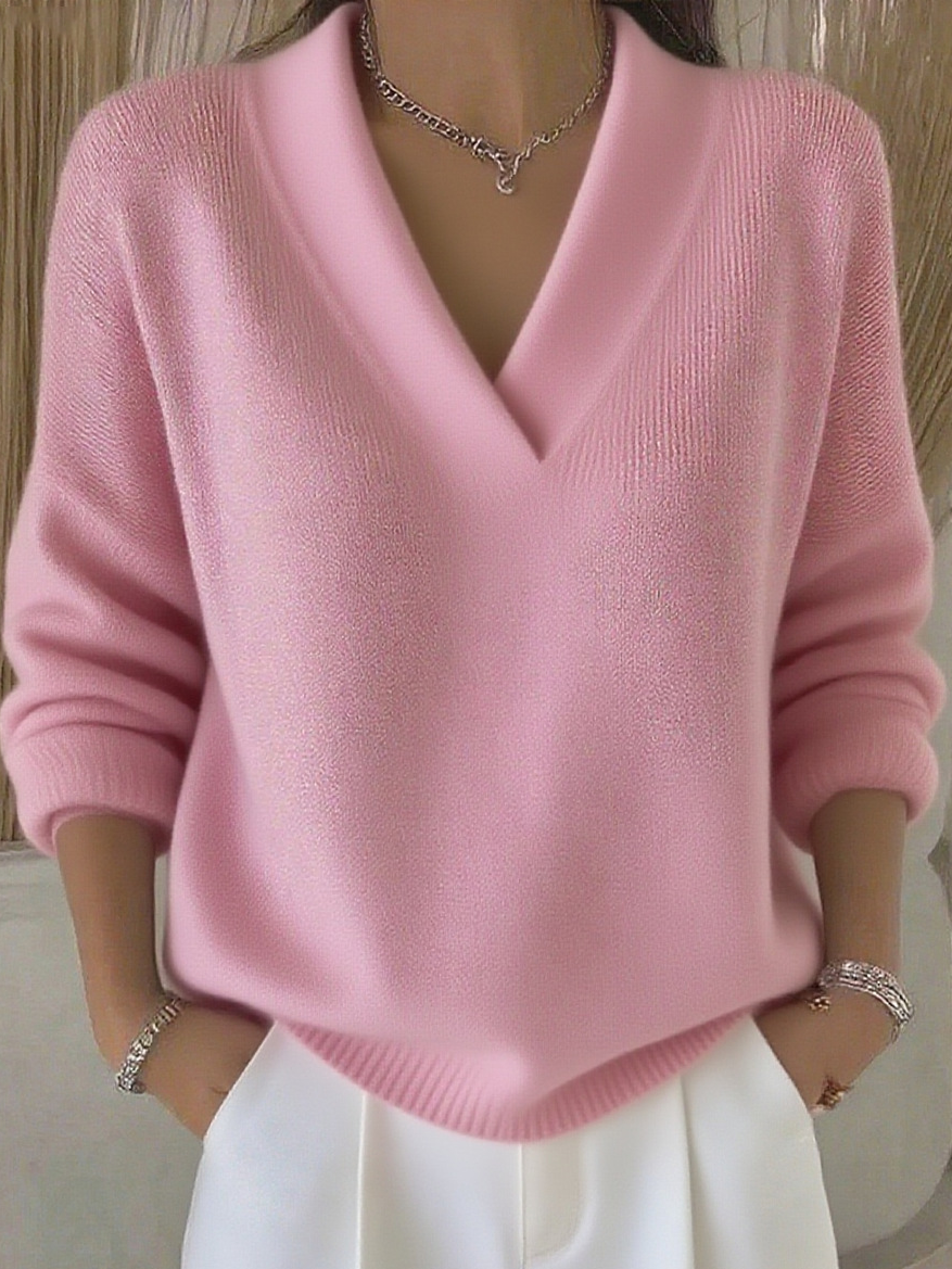 Women Plain V Neck Cotton Long Sleeve Street Daily Spring/Fall Sweater