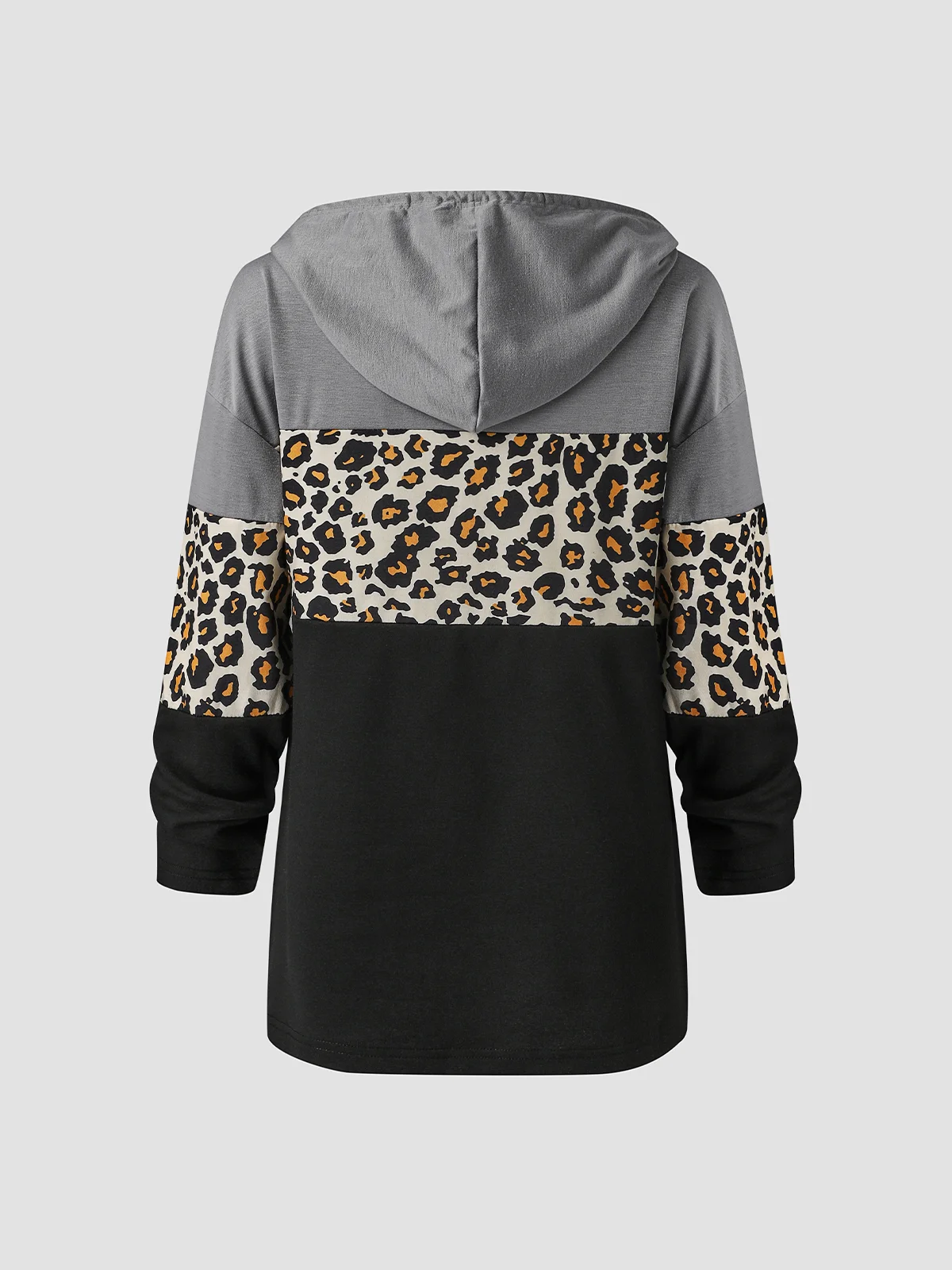 Long sleeve V-neck hooded zipper geometric stitched leopard top women's sweater