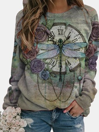 ANNIECLOTH Dragonfly Floral Print Long Sleeve Round Neck Sweatshirt & Hoodies