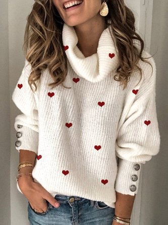 Heart Print Acrylic Long Sleeve Turtleneck Sweater