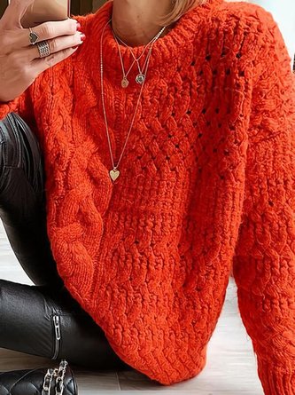 Solid Cable-knit Round Neck Casual Sweaters