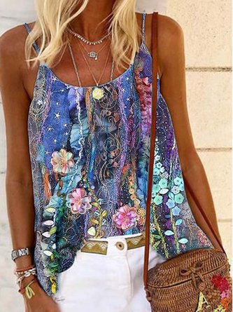 Sleeveless Printed Casual Cotton-Blend Top