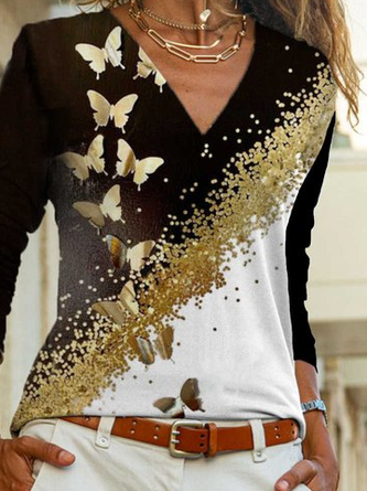 Butterfly V Neck Cotton-Blend Casual Shirts & Tops