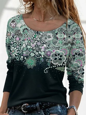 Casual Floral Print Long Sleeve Round Neck Shirts & Tops
