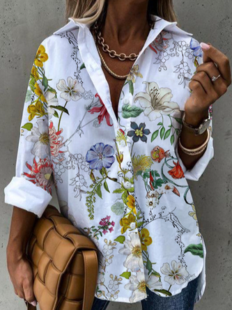 ANNIECLOTH Floral Cotton Blends Shirt Collar Blouse
