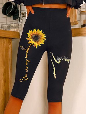 Sunflower Printed Skinny Elastic Waist Knee Length Leggings