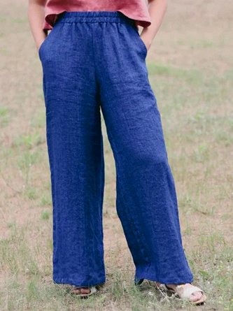 Cotton linen elastic waist pocket loose straight pants pants plus size