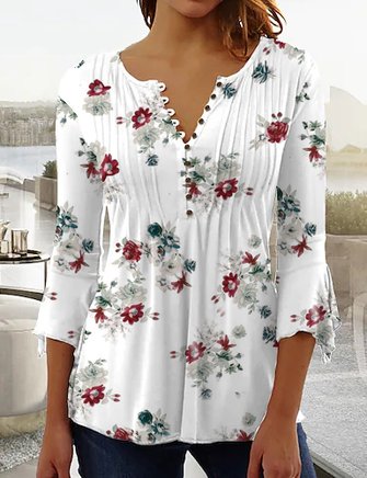 Casual Floral Autumn Polyester V neck Micro-Elasticity Daily Regular X-Line Tops for Women