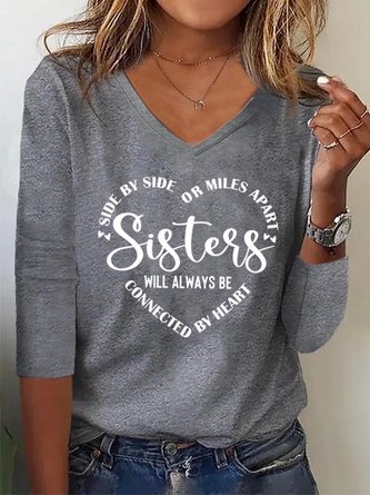 Women's V Neck T-Shirt Sister Text Letters Regular Fit Tops