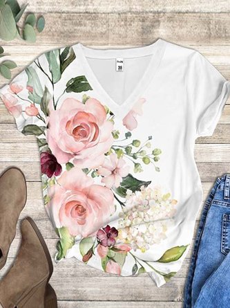 Women's White & Pink Floral V-Neck Tee