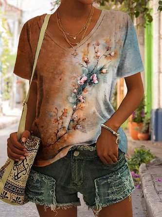 Women's Casual Floral Loose V Neck T-Shirt