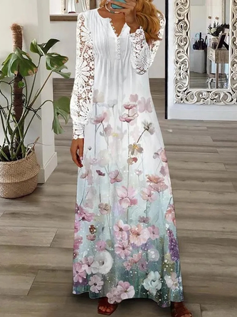 Lace V Neck Loose Floral Casual Dress