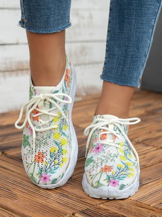 Floral Pattern Lace Up Design Slip-On Flyknit Sneakers