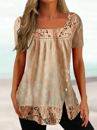 Casual Square Neck Lace Loose Shirt