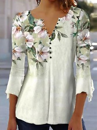 ANNIECLOTH V Neck Elegant Floral Regular Fit Shirt