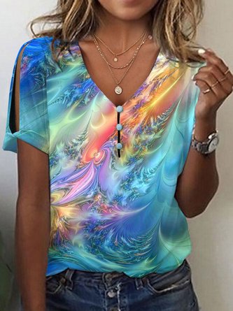 Women V Neck Loose Abstract Casual T-Shirt