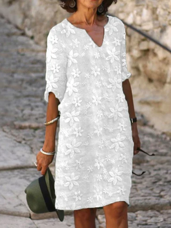 Women's Plain Linen Cotton And Linen V Neck Dress